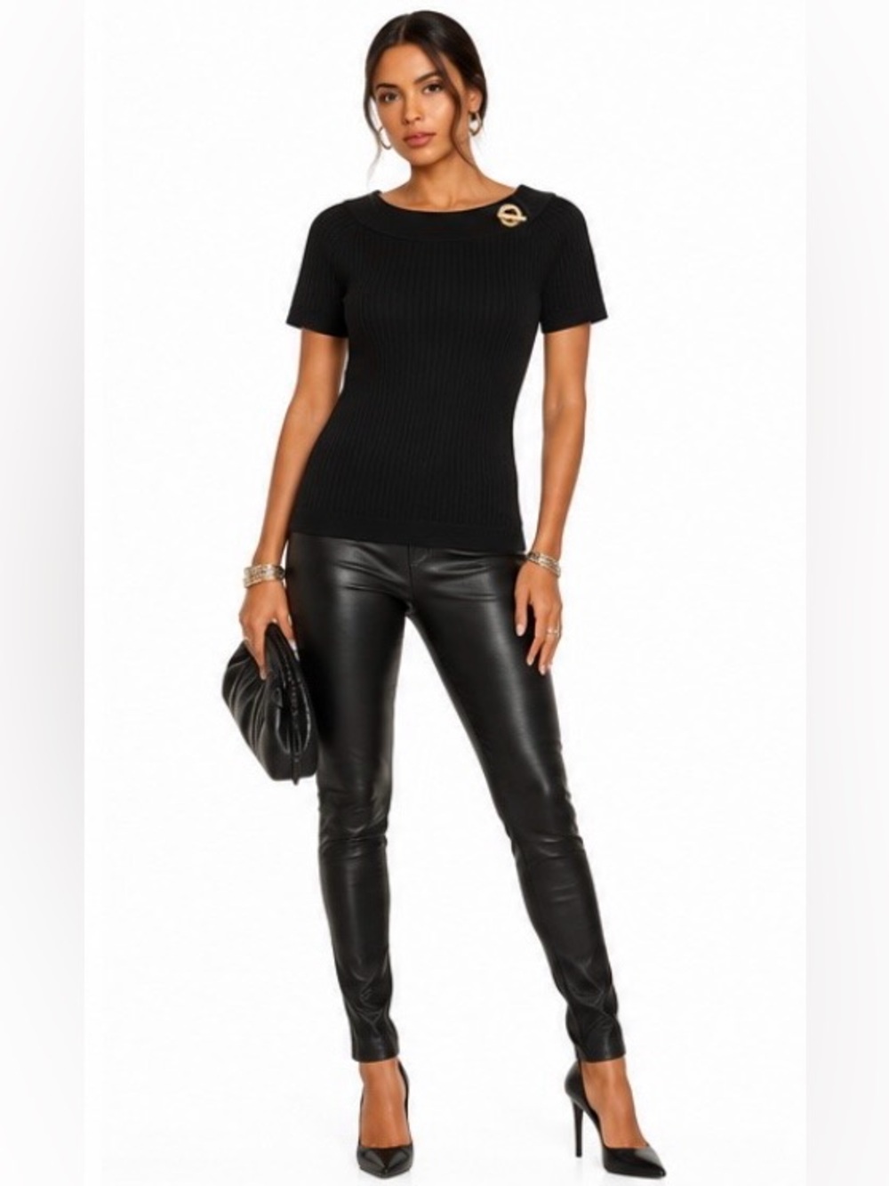 Lauren Ralph Lauren Black Ribbed Knit Top Gold Detail M